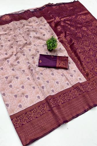 Peach wine soft silk blend banarasi jacuard work designer party wear saree with unstitched blouse piece