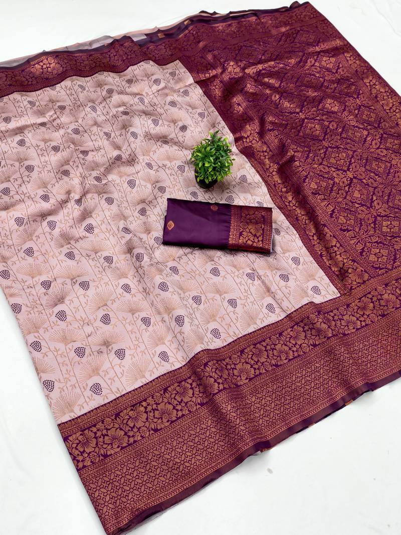 Peach wine soft silk blend banarasi jacuard work designer party wear saree with unstitched blouse piece