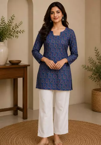 BLUE  REYON WITH DIGITAL PRINTED STYLISH WEAR KURTI 