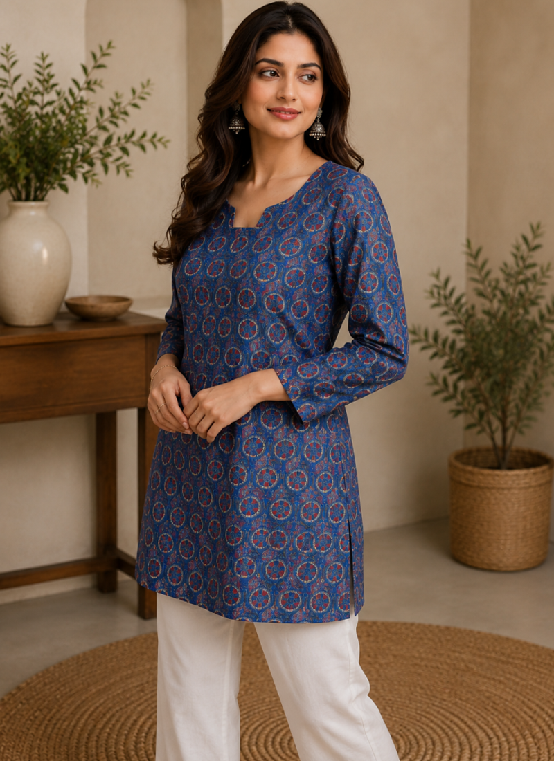 BLUE  REYON WITH DIGITAL PRINTED STYLISH WEAR KURTI 