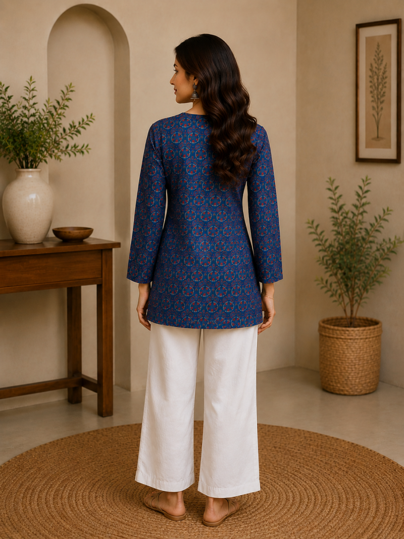 BLUE  REYON WITH DIGITAL PRINTED STYLISH WEAR KURTI 