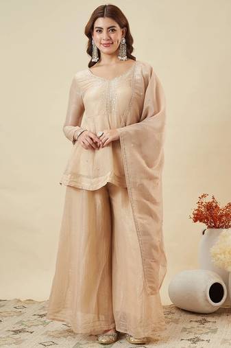 Cream crunchy silk heavy thread embroidery work kurta sharara set