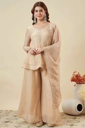 Cream crunchy silk heavy thread embroidery work kurta sharara set