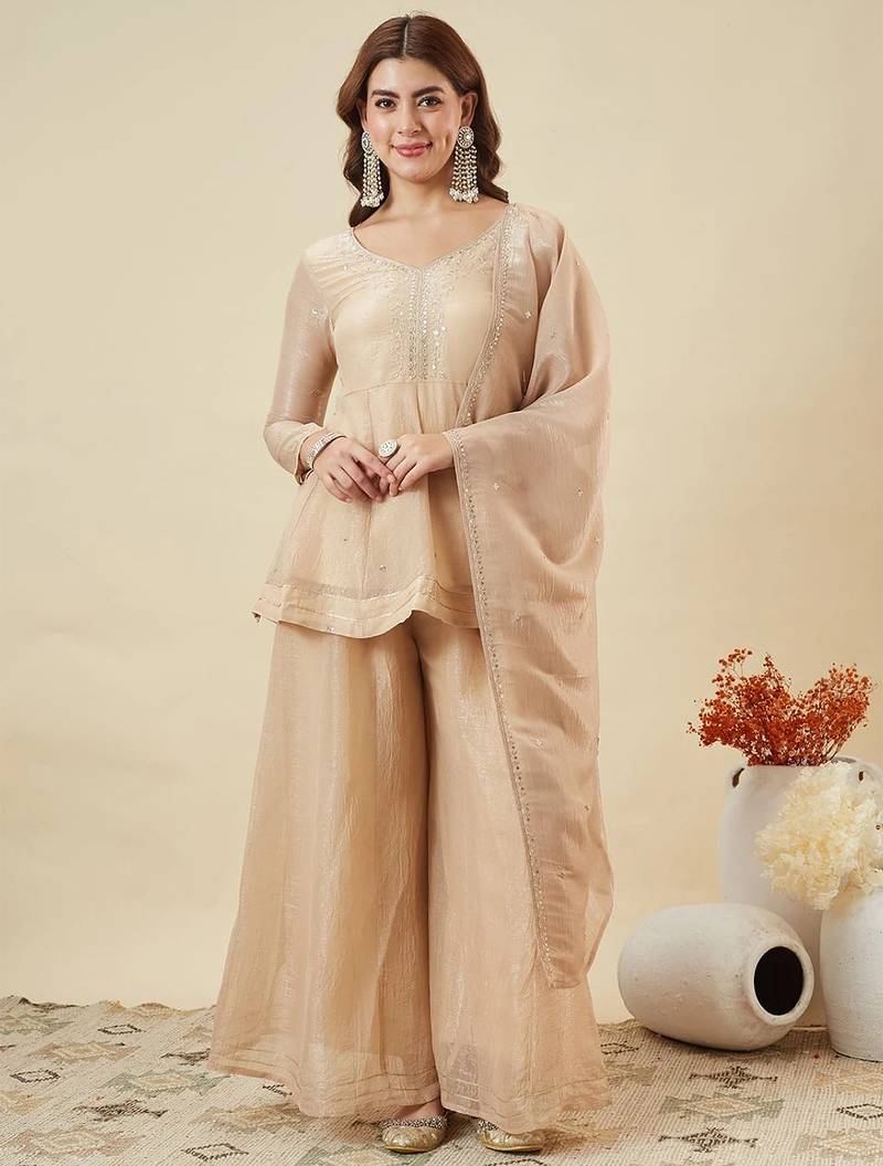 Cream crunchy silk heavy thread embroidery work kurta sharara set