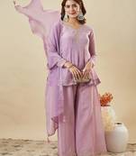 Lavender crunchy silk heavy thread embroidery work kurta sharara set