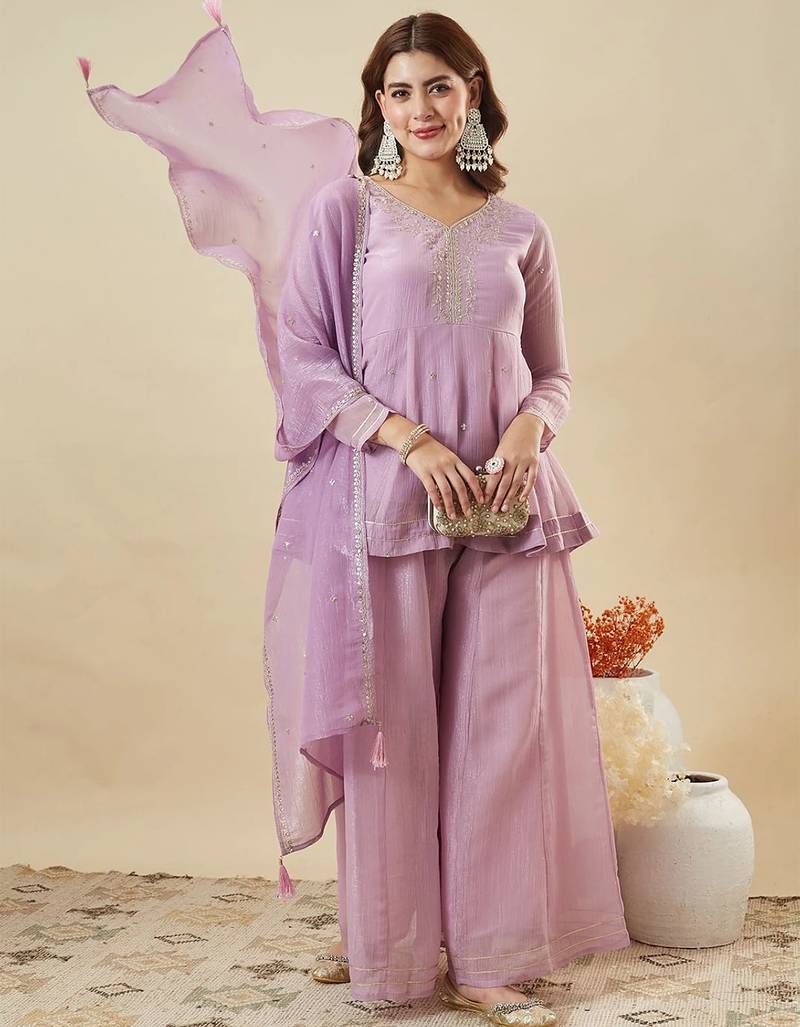 Lavender crunchy silk heavy thread embroidery work kurta sharara set