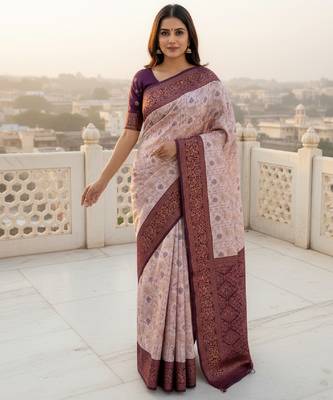 Peach wine silk blend banarasi saree with unstitched blouse piece 2