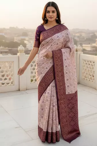 Peach wine silk blend banarasi saree with unstitched blouse piece