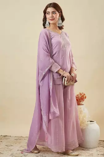 Lavender crunchy silk heavy thread embroidery work kurta sharara set