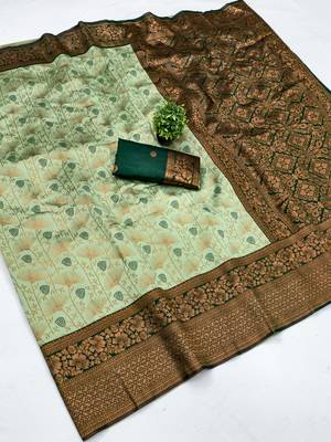 Pista green silk blend banarasi saree with unstitched blouse piece 1