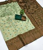 Pista green silk blend banarasi saree with unstitched blouse piece
