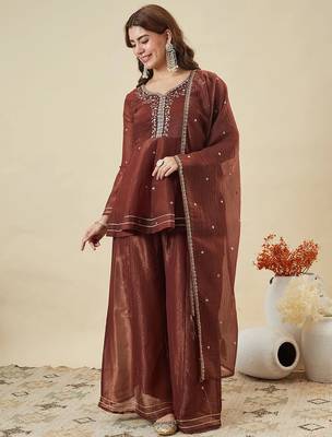 Brown crunchy silk heavy thread embroidery work kurta sharara set 1