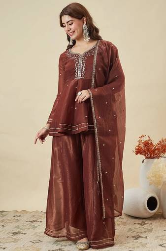 Brown crunchy silk heavy thread embroidery work kurta sharara set