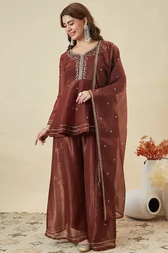 Brown crunchy silk heavy thread embroidery work kurta sharara set