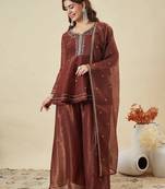 Brown crunchy silk heavy thread embroidery work kurta sharara set