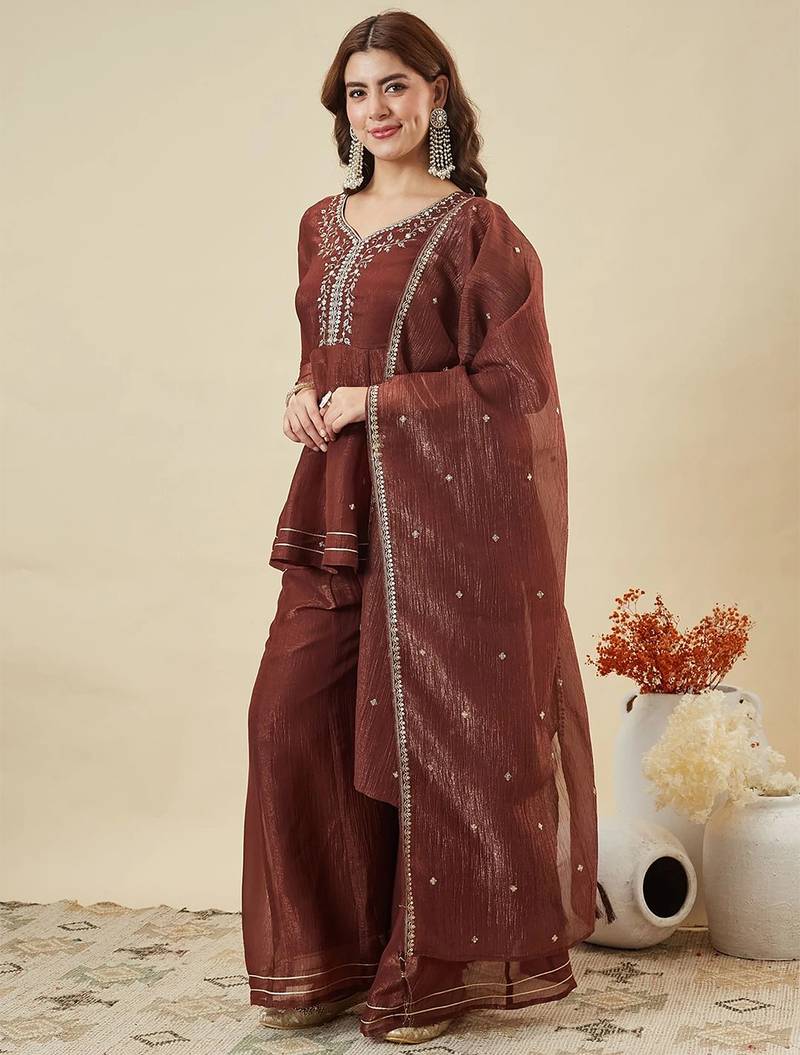 Brown crunchy silk heavy thread embroidery work kurta sharara set