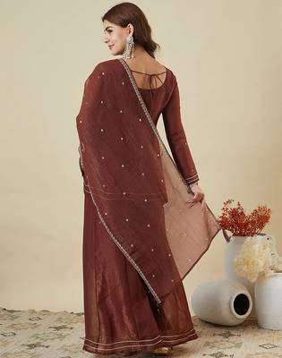Brown crunchy silk heavy thread embroidery work kurta sharara set 3
