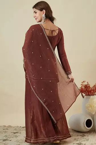 Brown crunchy silk heavy thread embroidery work kurta sharara set