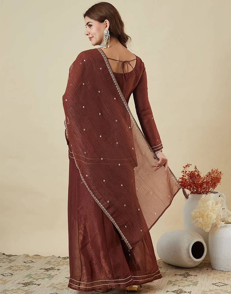 Brown crunchy silk heavy thread embroidery work kurta sharara set