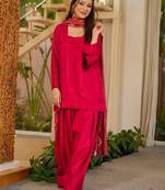 Rani pink silk crepe beautiful plain with printed dupatta kurta patiala set