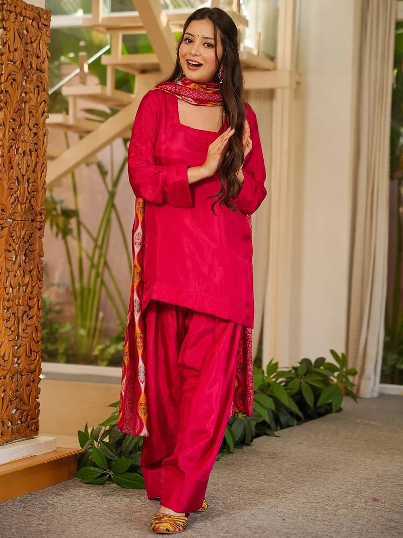 Rani pink silk crepe beautiful plain with printed dupatta kurta patiala set
