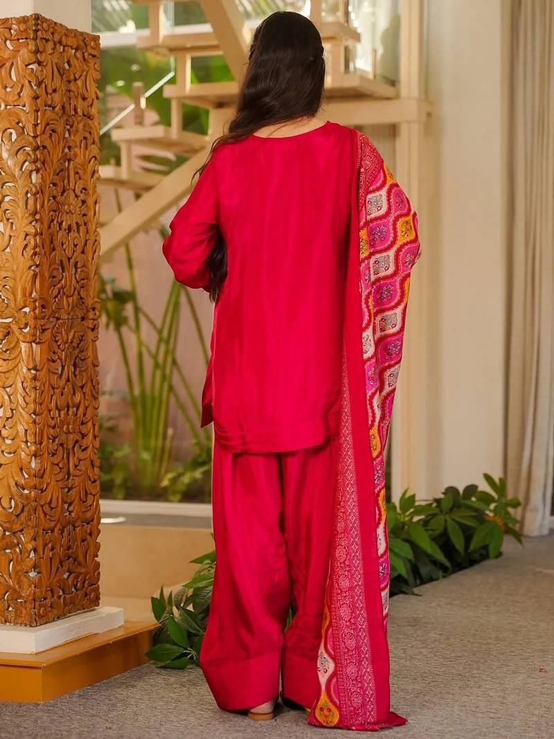 Rani pink silk crepe beautiful plain with printed dupatta kurta patiala set