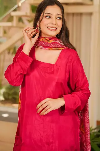 Rani pink silk crepe beautiful plain with printed dupatta kurta patiala set