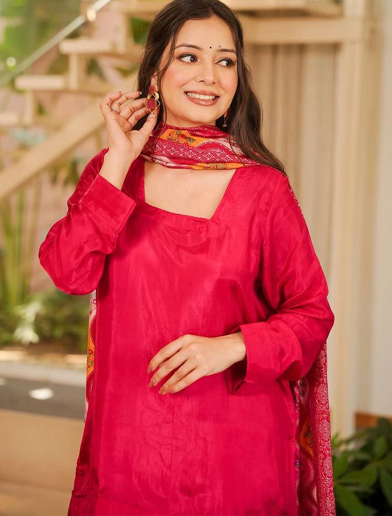 Rani pink silk crepe beautiful plain with printed dupatta kurta patiala set