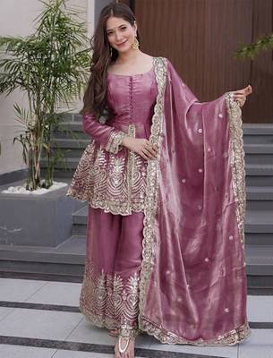Onion pink fandy silk heavy thread embroidery work kurta sharara set 1