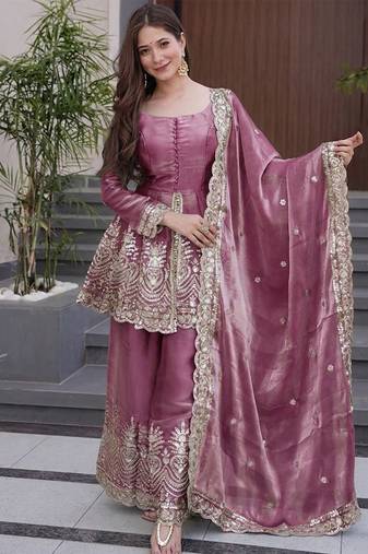 Onion pink fandy silk heavy thread embroidery work kurta sharara set