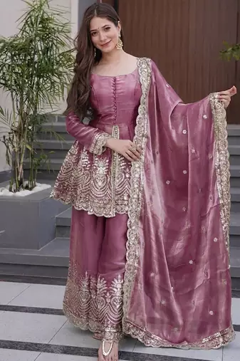 Onion pink fandy silk heavy thread embroidery work kurta sharara set