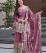 Onion pink fandy silk heavy thread embroidery work kurta sharara set