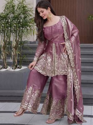 Onion pink fandy silk heavy thread embroidery work kurta sharara set 2