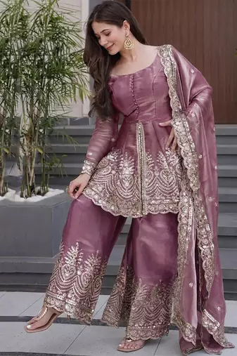 Onion pink fandy silk heavy thread embroidery work kurta sharara set