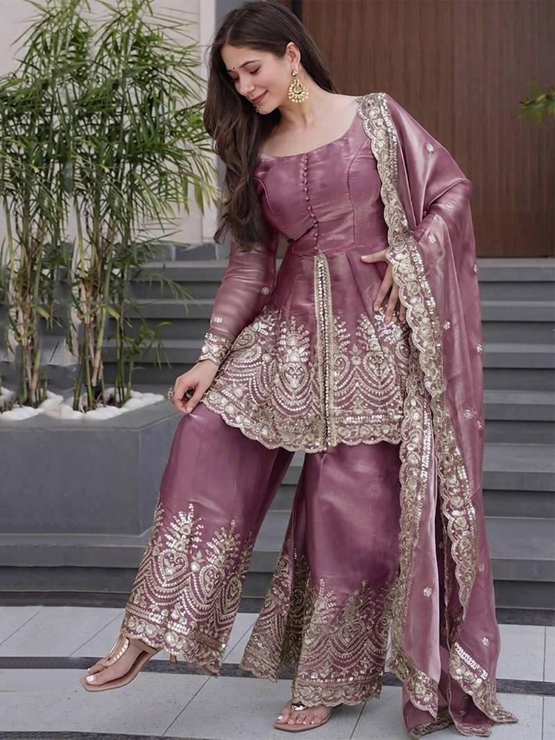 Onion pink fandy silk heavy thread embroidery work kurta sharara set