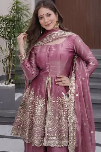 Onion pink fandy silk heavy thread embroidery work kurta sharara set