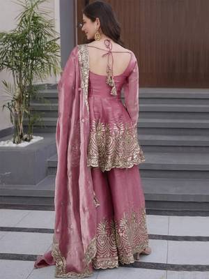 Onion pink fandy silk heavy thread embroidery work kurta sharara set 4