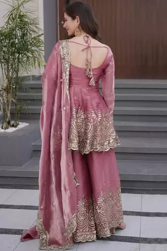Onion pink fandy silk heavy thread embroidery work kurta sharara set