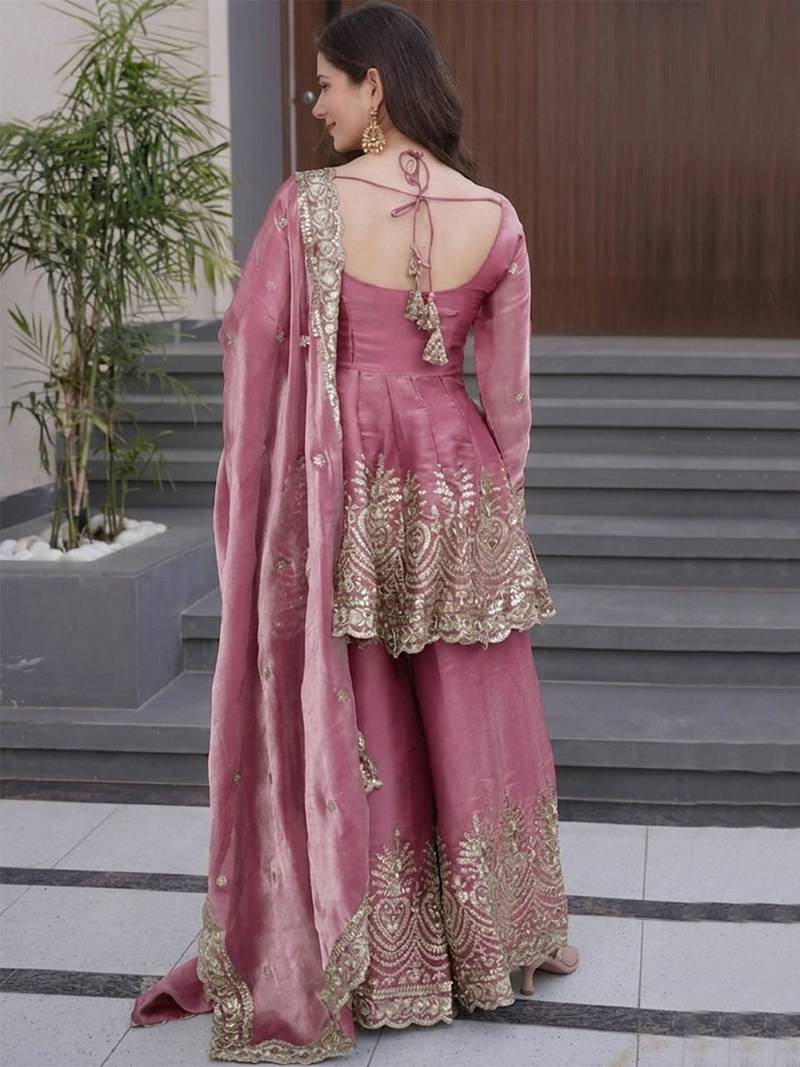 Onion pink fandy silk heavy thread embroidery work kurta sharara set