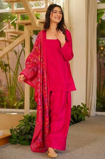 Rani pink silk crepe beautiful plain with printed dupatta kurta patiala set