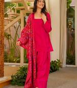 Rani pink silk crepe beautiful plain with printed dupatta kurta patiala set