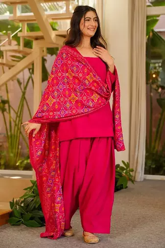 Rani pink silk crepe beautiful plain with printed dupatta kurta patiala set