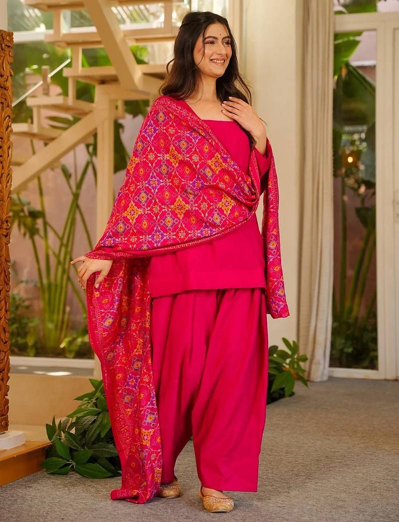 Rani pink silk crepe beautiful plain with printed dupatta kurta patiala set