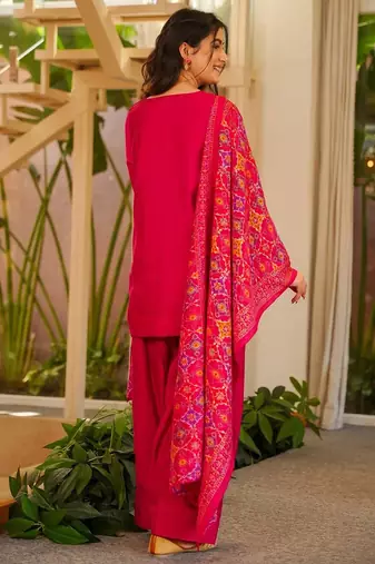 Rani pink silk crepe beautiful plain with printed dupatta kurta patiala set