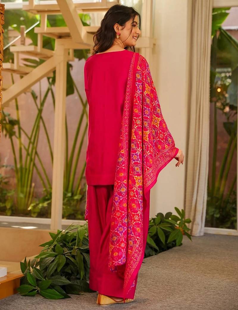 Rani pink silk crepe beautiful plain with printed dupatta kurta patiala set