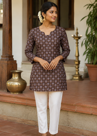 BROWN  REYON WITH DIGITAL PRINTED STYLISH WEAR KURTI 