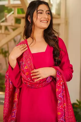 Rani pink silk crepe beautiful plain with printed dupatta kurta patiala set