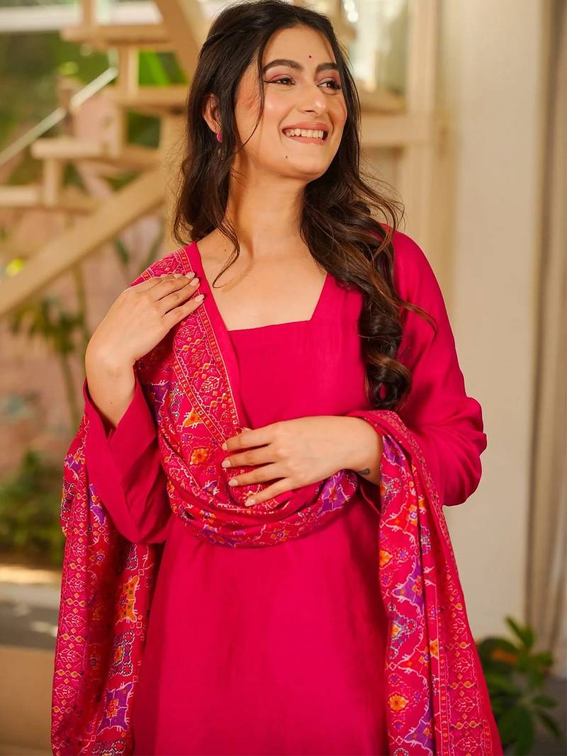 Rani pink silk crepe beautiful plain with printed dupatta kurta patiala set