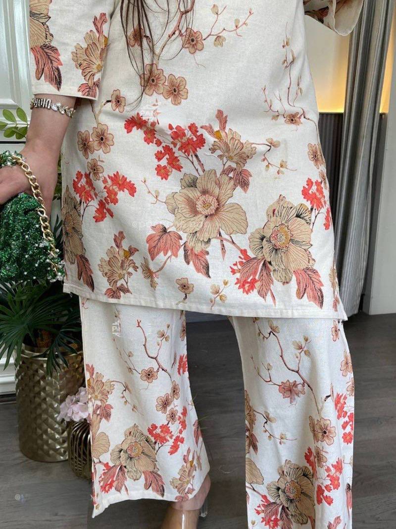 Cream cotton printed kurta with pant