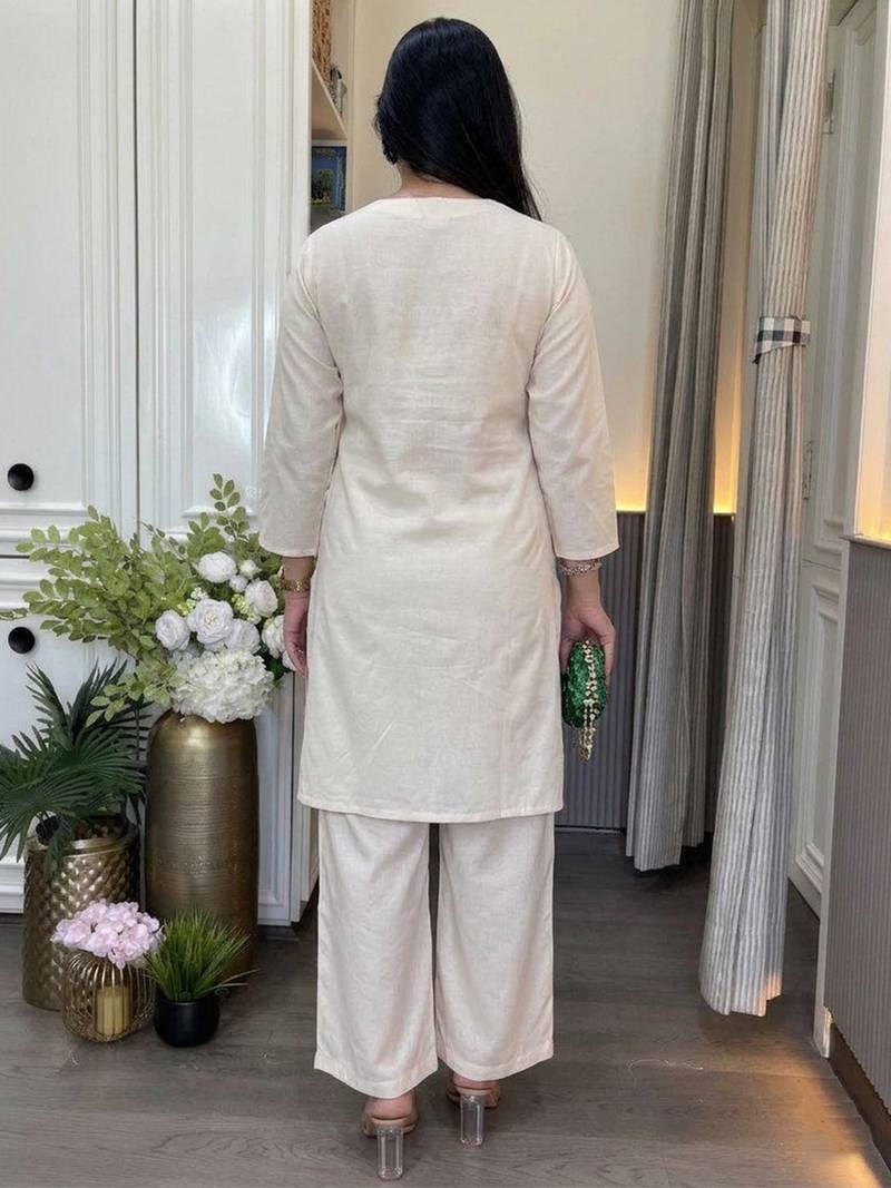 Cream cotton printed kurta with pant